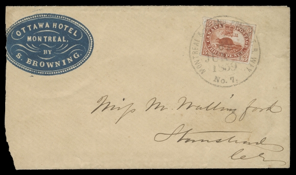 THREE PENCE AND FIVE CENTS  1859 (June 7) Dark blue embossed cameo "Ottawa Hotel, Montreal by S. Browning" envelope, slightly reduced at left, bearing 3p red on thick hard wove paper with strong horizontal mesh, small portion of imprint "York" at top right, large margins all around, superbly struck by Railway Post Office Montreal & Island Pond G.T.R. Way / No. 7 / June 7 1859 large RPO circular datestamp (Gray QC-168). A very attractive and no doubt rarely seen combination of a cameo advertising and RPO postmark, VF (Unitrade 4iii)Provenance: Gerald Wellburn, R. Lee Auctions No. 79, September 1995; Lot 2446The "Lindemann" Collection (private treaty circa. 1997)