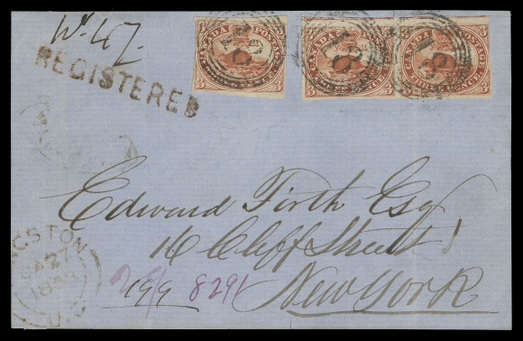 THREE PENCE AND FIVE CENTS  1858 (January 27) Blue cover front bearing pair and single 3p red on soft horizontally ribbed paper, clear to large margins, right stamp shows the Major Re-entry (Pane A, Position 80) with strong doubling in THREE PENCE, both left "3s", upper left frame, among many other traits, tied by four-ring 
