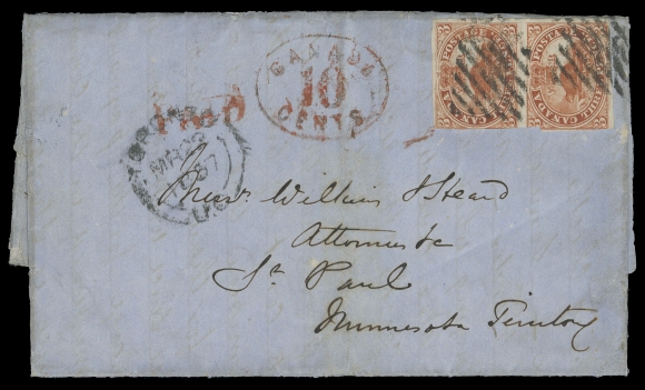 THREE PENCE AND FIVE CENTS  1857 (March 22) Folded entire lettersheet from Toronto to St. Paul, Minnesota Territory, bearing vertical pair of 3p deep red on medium wove paper, into design on one side to large margins, tied by diamond  grid cancels, Toronto MR 22 1857 double arc dispatch, border exchange oval "CANADA / 10 / CENTS" (unusual type) handstamp in red, F-VF (Unitrade 4a)Provenance: Henry Conland, BNA Postal History, H.R. Harmer Inc., April 2001; Lot 599Allegedly the only known Pence era cover addressed to the Territory of Minnesota, which existed from March 3, 1849 until May 11, 1858.