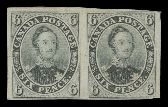 SIX PENCE AND TEN CENTS  5b,The illustrious mint horizontal pair with excellent pedigree, displaying fabulous greenish grey colour on bright fresh wove paper, bold impression with just clear to noticeably large margins, in remarkably sound condition and still retaining a fairly large portion of its original gum - very rare thus. An important and key item that has resided in the Brigham collection for the last 35 years, F-VF OG"An Extremely Fine pair of Great Rarity" - Duane Hilmer sale, 1977Expertization: 1990 Greene Foundation certificateProvenance: Charles Lathrop Pack, Part II, Harmer, Rooke & Co., April 1945; Lot 95General Robert Gill, Robson Lowe Ltd., October 1965; Lot 28The Ferranti British North America, Harmer, Rooke & Co., April 1968; Lot 59British Empire Sale, Robson Lowe Ltd., January 1970; Lot 55Duane Hilmer, Sotheby Parke Bernet Stamp Auction, September 1977; Lot 79 - aptly described then as "beautiful rich colour, close to large margins around, OG, An Extremely Fine pair of Great Rarity".Specialized Six Pence Consort Collection, Maresch Sale 217, June 1988; Lot 420