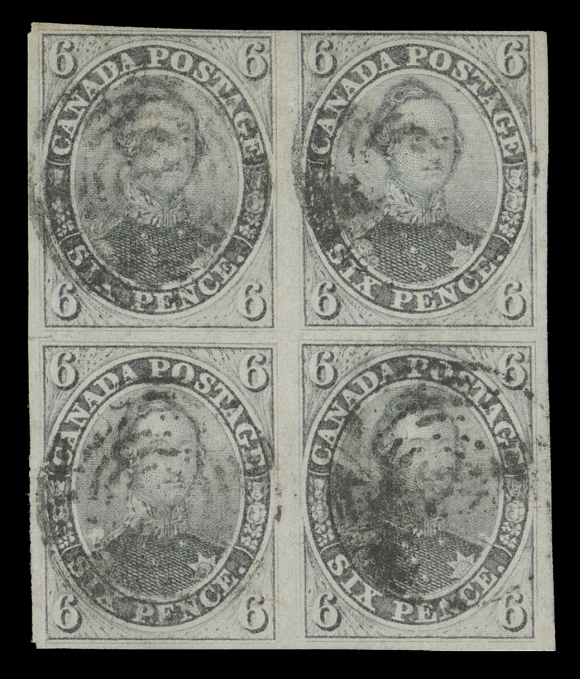 SIX PENCE AND TEN CENTS  5,A spectacular used block of four, large margined around except at top right, minute flaws in lower corners confined to margin outside design, a wonderful block of great importance and of the utmost rarity, F-VFExpertization: 1969 Robson Lowe certificateProvenance: Leland Powers Collection of the Pence Issues of Canada, Kelleher Sale 461, March 1955; Lot 78 - as a block of five, as sound.Bertram Collection of Canada, Shanahan
