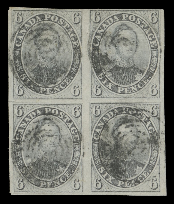 SIX PENCE AND TEN CENTS 5,A spectacular used block of four, large margined around except at top right, minute flaws in lower corners confined to margin outside design, a wonderful block of great importance and of the utmost rarity, F-VF
Expertization: 1969 Robson Lowe certificate
Provenance: Leland Powers Collection of the Pence Issues of Canada, Kelleher Sale 461, March 1955; Lot 78 - as a block of five, as sound.
Bertram Collection of Canada, Shanahan