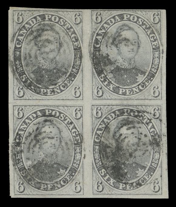 SIX PENCE AND TEN CENTS  5,A spectacular used block of four, large margined around except at top right, minute flaws in lower corners confined to margin outside design, a wonderful block of great importance and of the utmost rarity, F-VF

Expertization: 1969 Robson Lowe certificate

Provenance: Leland Powers Collection of the Pence Issues of Canada, Kelleher Sale 461, March 1955; Lot 78 - as a block of five, as sound.
Bertram Collection of Canada, Shanahan