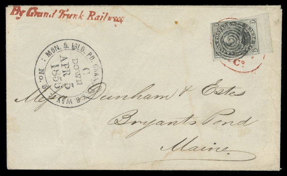 SIX PENCE AND TEN CENTS  1856 (April 5) Neat cover with superbly struck ": MON. & ISLD.  PD. GRAND TR