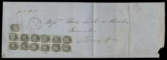SIX PENCE AND TEN CENTS  1858 (February 2) The famous cover bearing the extraordinary BLOCK OF TWELVE plus a single of the Six pence greenish grey on wove paper, mailed from Cobourg, U.C. to a firm of Barristers in Toronto and paying a very impressive 6sh6p rate - 26 times the domestic letter rate; peripheral faults mainly confined to edges of the envelope, subsequently folded for presentation, large circular Toronto FEB 4 datestamp receiver on back. THE LARGEST KNOWN SIX PENCE MULTIPLE by a very wide margin (the second largest being a block of six), displaying deep rich colour with sharp impression on fresh paper, scissor cut in top right stamp touching stamp below, very large margins to just in outer frameline on four stamps, all with neatly struck concentric rings cancellations to dramatic effect. A glorious cover of illustrious pedigree which has graced the Brigham collection for more than 25 years; without question one of the most important and significant pieces of his entire collection, Very Fine (Unitrade 5b)"The most outstanding piece in Canadian pence." - Ralph Hart private treaty, 1977Expertization: 1997 Greene Foundation certificateProvenance: British Empire Sale, Harmers of London, May 1938; Lot 183Gerald Firth who likely acquired the cover at that 1938 sale Jim Sissons, April 1956 (who purchased a half interest in the famous cover from Firth)C.M. Jephcott (privately purchased from J. Sissons)Art Leggett (bought large holdings of the Jephcott collections during the 1970s, including this cover)Ralph Hart (who acquired the cover from Art Leggett; then in Maresch Private Treaty (First Catalogue 1977), as Item 40 - with retail value of $50,000. Described as "this is the largest known pence issue franking and the most outstanding piece in Canadian pence."John Foxbridge (du Pont) Collection (private treaty 1988)Bill Lea (acquired for his stock and one of the highlight items available for purchase during the Capex 96 show in Toronto, the subject of a full-page ad in the show program)A very interesting observation surfaced when studying the Harmers of London 1938 sale, likely the very first time the cover made an appearance at auction. Although the collecting of postal history was only in its infancy in the 1930s, the cover sold for £600 hammer, an enormous sum at the time. None of the almost 400 other lots surpassed the £85 mark, except for one. This was Lot 350, an unused example of the world-famous Mauritius 1847 2p deep blue "POST OFFICE", which brought £1,350. In today