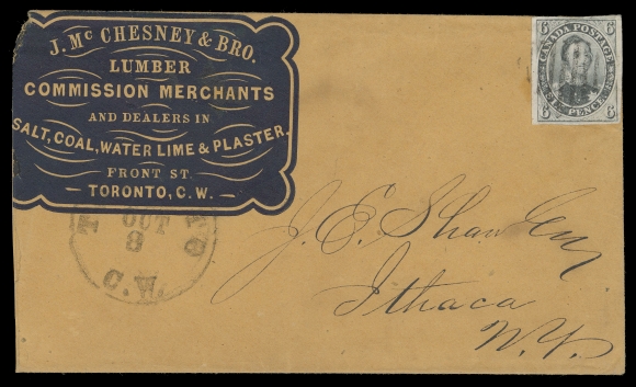 SIX PENCE AND TEN CENTS  1857 (October 8) Dark blue "J. McChesney & Bro Lumber Commission Merchants" cameo advertising on orange envelope, slightly reduced at left, bearing 6p grey violet on thicker wove paper, a sound example with ample to large margins tied by a diamond grid cancel, large Toronto OCT 8 circular datestamp (no year date on this type of postmark, circa. 1857), paying letter rate to Ithaca, New York; no backstamp as customary for mail to the U.S. A lovely cameo advertising cover, F-VF (Unitrade 5d)