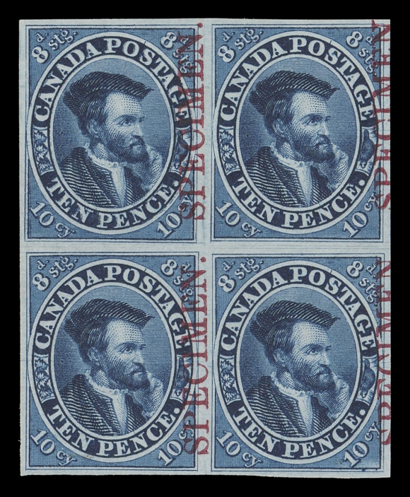 TEN PENCE AND SEVENTEEN CENTS  7Pi + varieties,A choice plate proof block in the issued colour on india paper with slightly shifted vertical SPECIMEN overprint in carmine, showing the Major Re-entry (Position 53) on upper left proof with distinctive doubling marks through many of the letters, in and around the oval, etc. A beautiful proof block displaying a significant plate variety, VF (Unitrade cat. as normal proofs)Provenance: Henry Gates (Part 1), Maresch Sale 124, March 1981; Lot 322The "Lindemann" Collection (private treaty, circa. 1997)