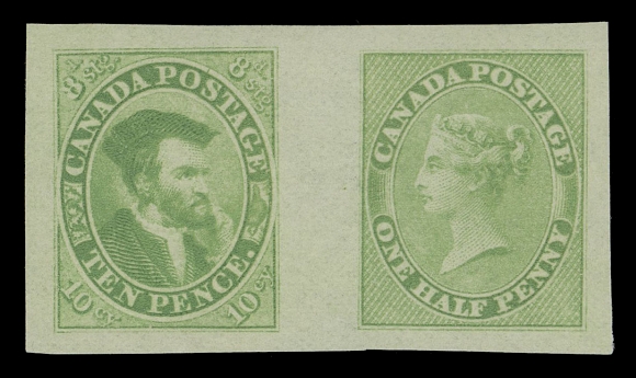 TEN PENCE AND SEVENTEEN CENTS  7P & 8P,An outstanding American Bank Note Company se-tenant pair of Trade Sample Proofs originating from the trade sample sheet. Engraved and printed in a very attractive lime green colour on white wove paper with clear horizontal mesh. Rarely offered as an intact pair, superb in all respects with wonderful eye-appeal, XFProvenance: Henry Hussey, Sissons Sale 329, November 1973; Lot 106The "Lindemann" Collection (private treaty circa. 1997)