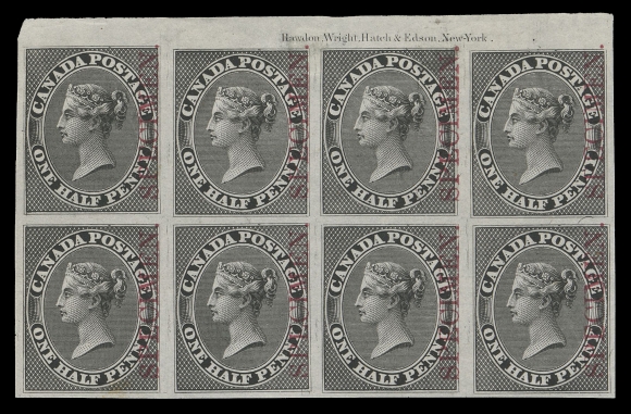 HALF PENNY AND ONE CENT  8TCii,Trial plate proof block of eight printed in black on india paper, vertical SPECIMEN overprint in carmine (Positions 1-4 / 13-16 from the untrimmed plate of 120 subjects), full plate imprint at top. A rare positional proof block, VFProvenance: Dr. Lewis L. Reford Collection of British North America, Part Five, Harmer, Rooke & Co., October 1951; Lot 328The "Lindemann" Collection (private treaty, circa. 1997)