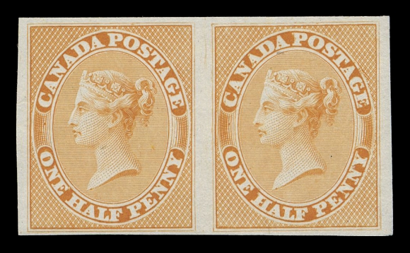 HALF PENNY AND ONE CENT  8TCi + variety,Trial colour plate proof pair in orange yellow on india paper, right proof shows Major Re-entry (Position 48) from trimmed plate of 100 subjects, with prominent doubling in and around "CAN" of "CANADA" and "AGE" of "POSTAGE", in "PENNY", very attractive, choice, VFProvenance: The "Lindemann" Collection (private treaty, circa. 1997)