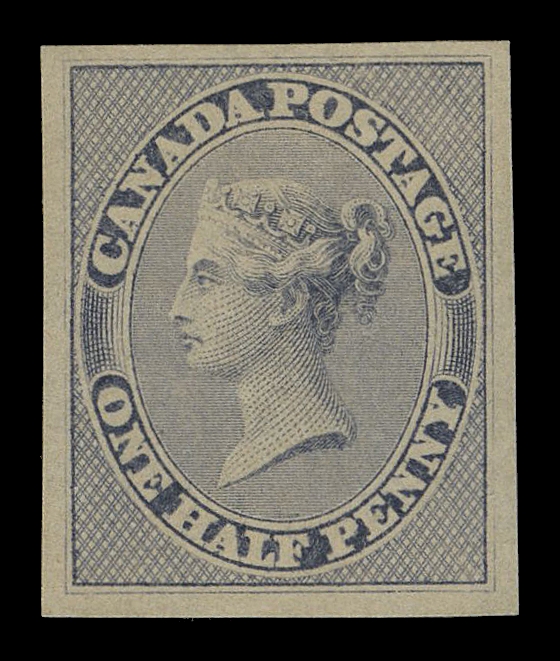 HALF PENNY AND ONE CENT  8,American Bank Note Company trade sample proof, engraved, printed in greyish violet on wove paper with horizontal mesh, gummed by ABNC. An exceptional coloured proof and of wonderful appeal, VF OG