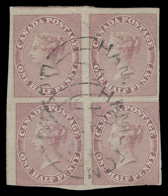 HALF PENNY AND ONE CENT  8a,An immensely rare block of this distinctive fragile paper type, just touching outer frameline to extremely large margins with portion of neighbouring stamps at left and at top visible, unusually cancelled by datestamps - Hamilton JY 14 1858 double arc; sealed diagonal tear at top and couple negligible creases, otherwise in an excellent state of preservation and of Fine appearance; believed to be the only existing block. One of the major rarities related to the Half Penny stamp.Expertization: 1997 Charles Firby & Greene Foundation certificatesProvenance: Dale-Lichtenstein, Sale 10 - Canada, H.R. Harmer Inc., December 1970; Lot 290