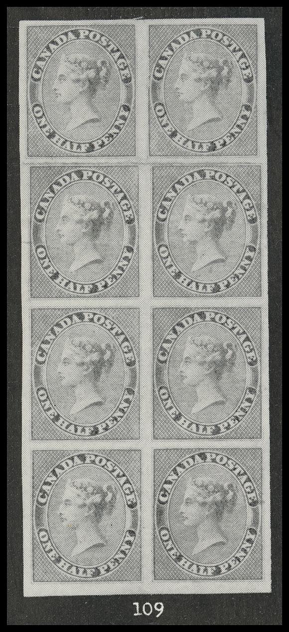 HALF PENNY AND ONE CENT  8 + variety,A beautiful large margined mint block of four, portion of sheet margin at foot, Pos. 102-103 / 114-115 in the plate of 120 subjects, brilliant fresh colour, possessing dried original gum, small gum inclusion on lower right stamp. A rarely seen multiple in sound mint condition, VF OG (Unitrade cat. as four mint singles)Upper left stamp Position 102 shows Strong Re-entry with doubling of left outer frameline at lower left, marks in "ALF" of "HALF" and in oval below.Provenance: Duane Hilmer, Sotheby Parke Bernet Stamp Auction, September 1977; Lot 104Dale-Lichtenstein, Sale 2 - British North America Part One, H.R. Harmer, Inc., November 1968; Lot 109 - originally a block of eight (2 x 4) from which this block originates (lower block).