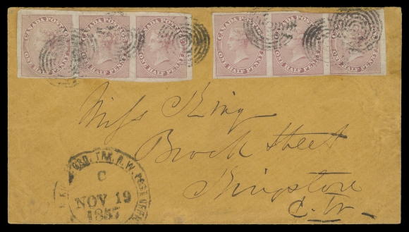 HALF PENNY AND ONE CENT  1857 (November 19) Orange envelope franked with two horizontal  strips of three, one shows small portion of plate imprint at top left (which originally formed a block of six) of the  imperforate ½p rose on medium wove paper, irregular margins,  touching to very large, light file fold barely touches the sixth  stamp, tied by concentric rings cancels, mostly legible and  boldly struck double circle "MON. & KINGS. GRD. TRK. R.W. POST  OFFICE / C / NOV 19 / 1857" (Gray QC-187), postmarked on board  the train, pays the 3 pence domestic letter rate to Kingston with next-day receiver backstamp in red. A very rare RPO cover  bearing a multiple franking of the Half penny, F-VF (Unitrade 8)Provenance: Dale-Lichtenstein, Sale 2 - British North America  Part One, H.R. Harmer, Inc., November 1968; Lot 123Bill Lea Exhibit Collection of Canada Pence & Cents Postal  History (private sale)Charles Firby Gold Medal Collection - Canadian Pence Issues on  Covers, Harmers of New York, October 1982; Lot 50