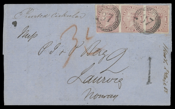 HALF PENNY AND ONE CENT  1858 (July) Blue folded wrapper in an excellent state of preservation, endorsed "Printed Circular" and mailed from Quebec to Larvik, Norway, franked with a strip of three of ½p rose on medium wove paper, just clear to large margins all around, underpaid the 2½ penny circular rate by one penny; rate handstamp "1" due in black, manuscript "2" in black ink, red crayon "3½" marking; two different foreign / Norwegian backstamps. Of the four covers known to Norway, this one is the sole 1½ penny circular rate, shortpaid with due markings. Pence franked covers to any foreign destination are rarely seen and desirable, F-VF (Unitrade 8)Provenance: Dale-Lichtenstein, Sale 2 - British North America Part One, H.R. Harmer Inc., November 1968; Lot 122Bill Lea Exhibit Collection of Canada Pence & Cents Postal History (private sale)Literature: Illustrated and discussed in an article titled "Pence cover to points outside Canada, the U.S. and Britain", by W.E. Lea, BNA Topics Vol. 31, No. 3, March 1974, Whole No. 322, on pages 46-47 (Figure 1)Illustrated and discussed in Arfken, Leggett, Firby, Steinhart "Canada