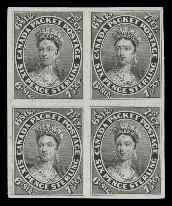 SEVEN AND ONE HALF PENCE AND TWELVE AND ONE HALF CENTS  9TC,A remarkable trial colour plate proof block in black on india paper, large margins all around, small natural mark on lower right proof visible from reverse only; multiples larger than a pair are very elusive, in fact we do not recall selling a similar block. A wonderful item for the specialist, VF