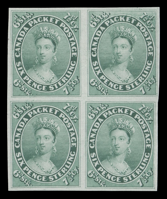 SEVEN AND ONE HALF PENCE AND TWELVE AND ONE HALF CENTS  9P,Plate proof block of four in a brilliant, near issued colour on india paper, choice, VFUpper right proof shows a Short Transfer plate variety at top.