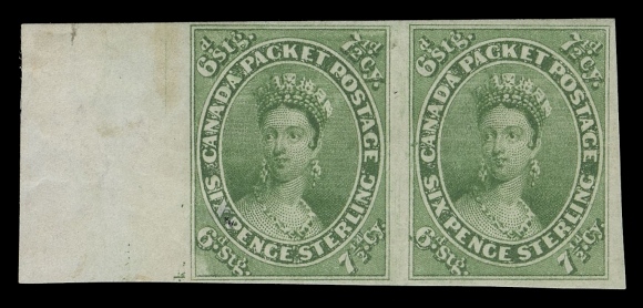 SEVEN AND ONE HALF PENCE AND TWELVE AND ONE HALF CENTS  9,A left margin mint horizontal pair of this desirable classic stamp with illustrious pedigree, well clear to very large margins, left stamp with couple thins, one resulting in a tiny pinhole, small end portion of a plate imprint visible at bottom of margin; right stamp is an ABSOLUTELY SUPERB EXAMPLE. A very rare pair which retains quite remarkably FULL ORIGINAL GUM, F-VF OG (Unitrade cat. $40,000 as two singles)Provenance: Maurice Burrus, Robson Lowe Ltd., April 1963; Lot 109 - aptly described "Absolute GEM". This pair fetched the second highest realization - £2,500  hammer - at the sale of this pre-eminent collection, only surpassed by a sheet margin pair of the perforated 6 pence (£2,700).E. Carey Fox, First Portion, H.R. Harmer, Inc., May 1968; Lot 354British North America Sale, Stanley Gibbons, October 1981; Lot 47John Foxbridge (du Pont) Collection (private treaty 1988)The Weill Brothers, Christie