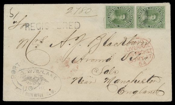 SEVEN AND ONE HALF PENCE AND TWELVE AND ONE HALF CENTS  1860 (April 27) An extraordinary registered cover from Port Burwell to Sale, Manchester, England, impressively franked with a vertical pair of the 7½p green on medium wove paper in a lovely pastel shade, very large margins to barely touching outer frameline, in sound condition and lightly cancelled by central concentric rings, Port Burwell double arc dispatch and local oval handstamp at left, straightline REGISTERED, Paid Liverpool Col Packet 60 MY 17 circular transit CDS in red, light "Crown" Registered handstamp in red; on reverse Hamilton AP 28 1860 and Liverpool MY 17 CDS transits and neat oval Registered Manchester 17 MY 60 receiver in red. An exceptionally rare franking and rate combination paying the Allan Line letter rate of 7½ pence, plus the newly adopted registration fee of 7½ pence (effective March 1, 1859). The 7½p stamps were still being accepted and were simply converted to the newly adopted Decimal currency (12½c) after July 1st, 1859. An important Pence franked cover mailed during the Decimal era, multiples of the 7½p stamp on cover are virtually non-existent; Vincent Graves Greene and Seybold owner