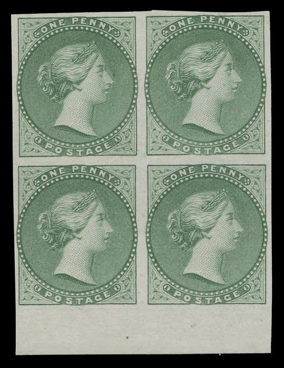 BRADBURY WILKINSON ESSAYS  A lower margin, engraved plate essay block in bright green on white bond paper (0.0035" thick). Very elusive in this colour especially in a block. Beautiful and desirable, VF (Minuse & Pratt E-Bb) Provenance: S.J. Menich, Firby Auctions, February 1997; Lot 779