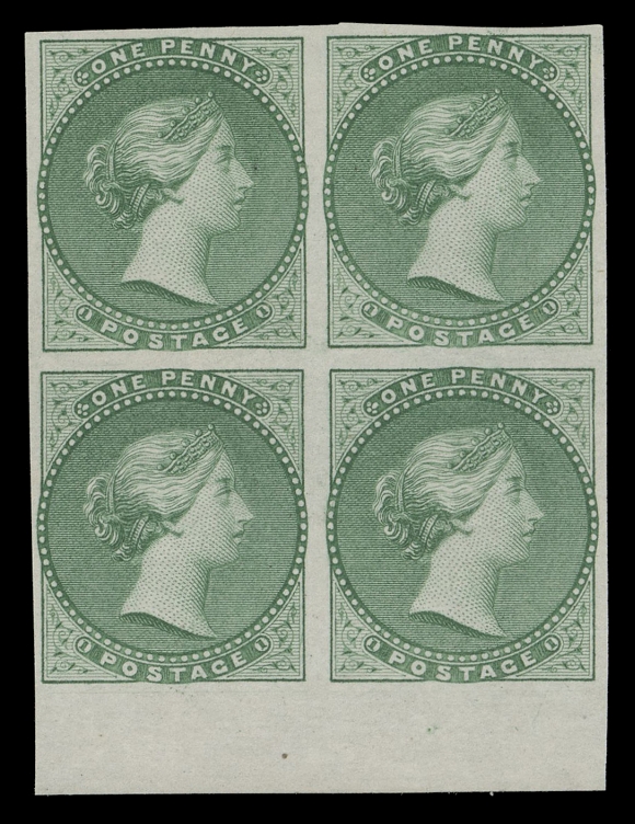 BRADBURY WILKINSON ESSAYS A lower margin, engraved plate essay block in bright green on white bond paper (0.0035" thick). Very elusive in this colour especially in a block. Beautiful and desirable, VF (Minuse & Pratt E-Bb)
Provenance: S.J. Menich, Firby Auctions, February 1997; Lot 779