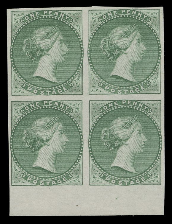 BRADBURY WILKINSON ESSAYS  A lower margin, engraved plate essay block in bright green on white bond paper (0.0035" thick). Very elusive in this colour especially in a block. Beautiful and desirable, VF (Minuse & Pratt E-Bb) 

Provenance: S.J. Menich, Firby Auctions, February 1997; Lot 779