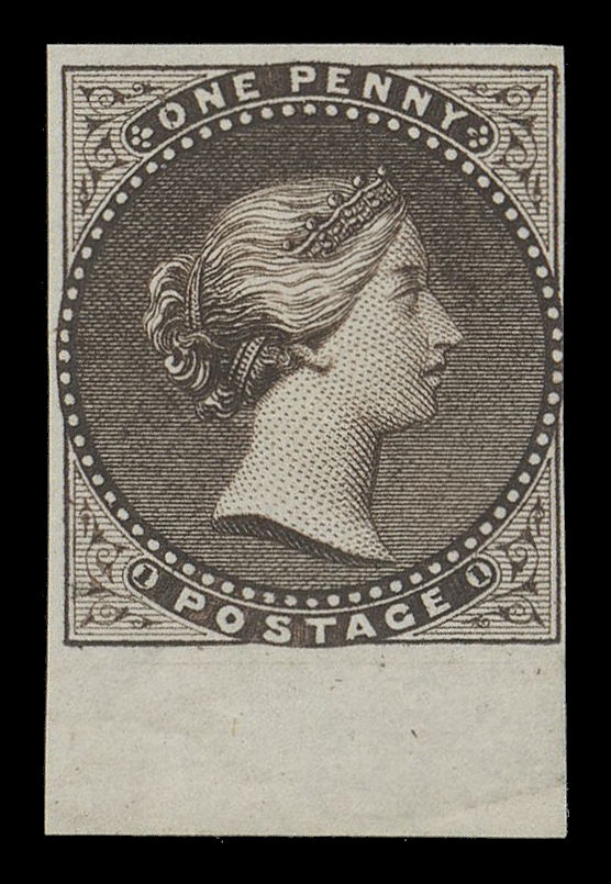 BRADBURY WILKINSON ESSAYS Five plate essays in different colours: reddish brown, bright green, violet brown, dark violet and bright blue on white or yellowish bond paper, last three with sheet margin on one side; violet brown essay touches at right, otherwise all with ample to large margins. An attractive and scarce group, VF