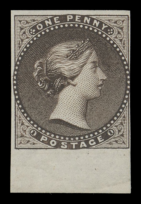 BRADBURY WILKINSON ESSAYS  Five plate essays in different colours: reddish brown, bright green, violet brown, dark violet and bright blue on white or yellowish bond paper, last three with sheet margin on one side; violet brown essay touches at right, otherwise all with ample to large margins. An attractive and scarce group, VF