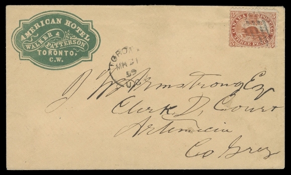 THREE PENCE AND FIVE CENTS  1859 (March 31) Green embossed cameo "American Hotel  Walker & Patterson Toronto" amber advertising envelope, bearing a 3p red perf 11¾ cancelled by diamond grid cancel of Toronto with split ring dispatch to Artemisia, very clear Chatsworth AP 4 1859 double arc transit backstamp; Vincent G. Greene owner