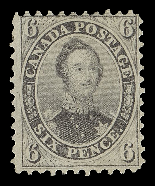 SIX PENCE AND TEN CENTS  13a,A very well centered mint single with unusually full perforations all around, in the distinctive scarcer shade, negligible natural gum creasing hardly worth mentioning. Among the most difficult stamps of Canada and to find with original gum. A noticeably superior stamp that once graced several famous collections of the past, it has not been offered at auction since the Julian Smith sale in 1986; this sale being famous for having many classics in the highest quality attainable, VF OGExpertization: 1986 Greene Foundation certificateProvenance: Dale-Lichtenstein, Sale 10 - Canada, H.R. Harmer, Inc., December 1970; Lot 326Hiroyuki Kanai "The Consort Canada Collection", Stanley Gibbons Auctions, London, November 1977; Lot 158Julian C. Smith, Maresch Sale 191, October 1986; Lot 23The "Lindemann" Collection (private treaty, circa. 1997)