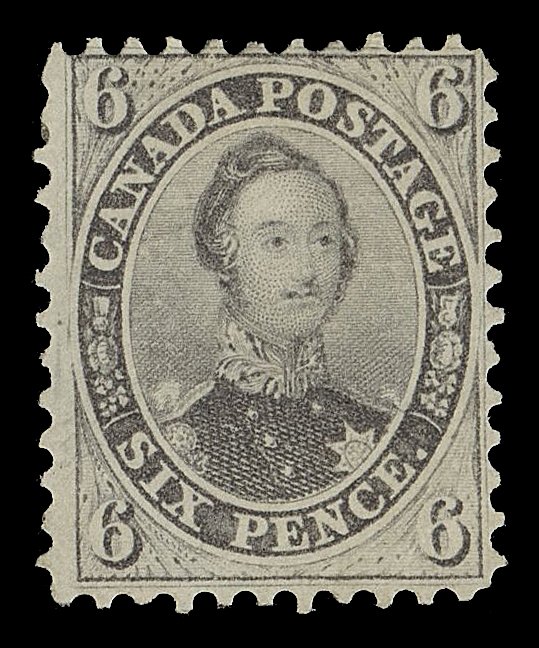 SIX PENCE AND TEN CENTS  13a,A very well centered mint single with unusually full perforations all around, in the distinctive scarcer shade, negligible natural gum creasing hardly worth mentioning. Among the most difficult stamps of Canada and to find with original gum. A noticeably superior stamp that once graced several famous collections of the past, it has not been offered at auction since the Julian Smith sale in 1986; this sale being famous for having many classics in the highest quality attainable, VF OG

Expertization: 1986 Greene Foundation certificate

Provenance: Dale-Lichtenstein, Sale 10 - Canada, H.R. Harmer, Inc., December 1970; Lot 326
Hiroyuki Kanai "The Consort Canada Collection", Stanley Gibbons Auctions, London, November 1977; Lot 158
Julian C. Smith, Maresch Sale 191, October 1986; Lot 23
The "Lindemann" Collection (private treaty, circa. 1997)