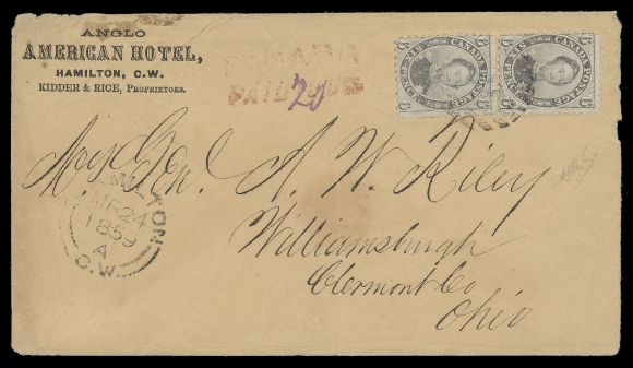 SIX PENCE AND TEN CENTS  1859 (March 24) "Anglo American Hotel, Hamilton" manila envelope mailed from Hamilton to Williamsburg, Ohio, spectacularly franked with a horizontal pair of 6p in the grey violet shade, perf 11¾, tied by light grid 