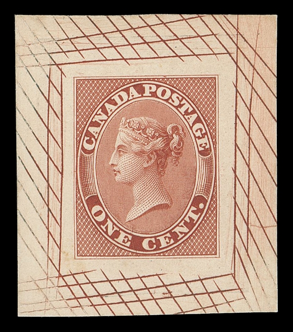 HALF PENNY AND ONE CENT  14,A superb "Goodall" die proof, engraved, printed in brownish red on india paper 25 x 32mm, sunk on card 33 x 37mm, characteristic cross-hatched lines surrounding the design. A very rare and exceptionally striking coloured proof, superb in all respects, XF (Minuse & Pratt 14TC2g)Provenance: Bertram Collection of Canada, Shanahan
