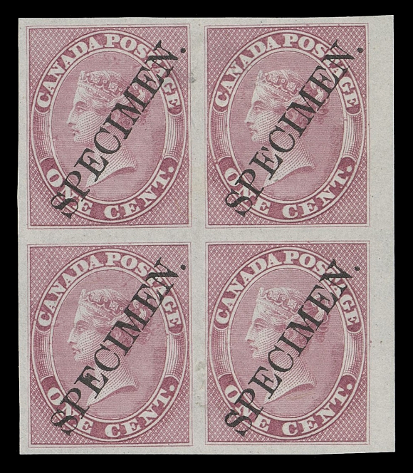 HALF PENNY AND ONE CENT  14Pii,A very scarce plate proof block in the issued colour on india paper, with diagonal SPECIMEN overprint in black, sheet margin at right. In our opinion, multiples larger than a pair with the diagonal specimen are virtually non-existent, VFProvenance: Art Leggett Cents Issue Exhibit Collection (private sale)The "Lindemann" Collection (private treaty, circa. 1997)