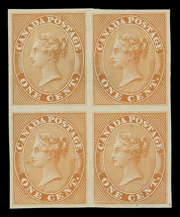 HALF PENNY AND ONE CENT 14TCii,Trial colour plate proof block in orange yellow on india paper, minute natural paper inclusion on lower right proof, otherwise choice and very seldom seen in a block, VF+
Provenance: The "Lindemann" Collection (private treaty, circa. 1997)