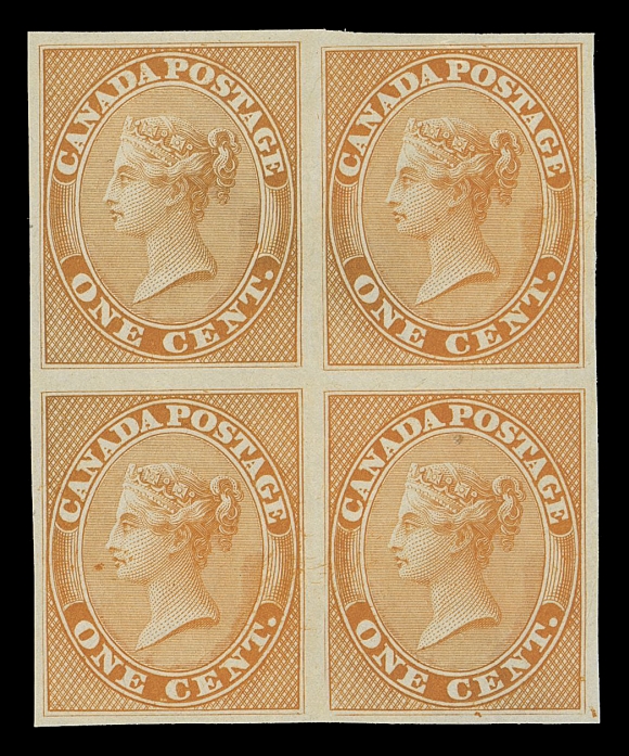 HALF PENNY AND ONE CENT  14TCii,Trial colour plate proof block in orange yellow on india paper, minute natural paper inclusion on lower right proof, otherwise choice and very seldom seen in a block, VF+

Provenance: The "Lindemann" Collection (private treaty, circa. 1997)