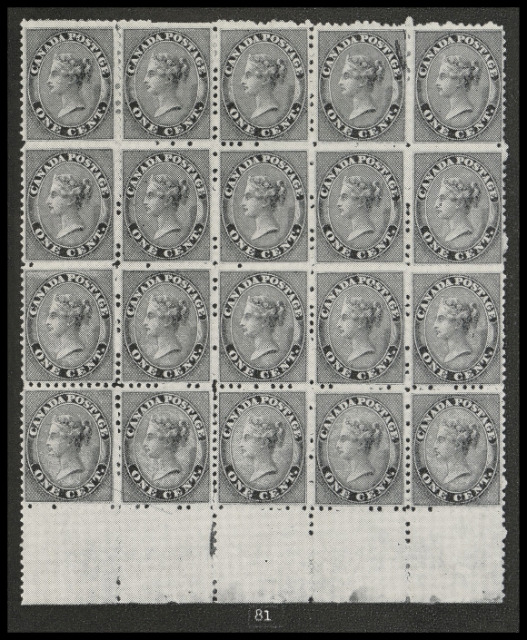 HALF PENNY AND ONE CENT  14b,The phenomenal mint lower margin block of twelve, superbly centered and as fresh as the day it was printed over 160 years ago, THE LARGEST KNOWN ONE CENT MINT MULTIPLE, printed in a noticeably deep shade on fresh paper. Exceptionally clean full original gum; eight stamps are NEVER HINGED - two in the second row and the lower block of six. One of the highlights of the Cents issue, which has graced the Brigham Collection for over 25 years. In an excellent state of preservation and very rare thus, XF OG / NH (Unitrade cat. $37,800 as singles)Provenance: General Robert Gill, Robson Lowe Ltd., October 1965; Lot 79 - originally a block of 20 from which it originates.E. Carey Fox, Second Portion, H.R. Harmer, Inc., October 1968; Lot 81 (as a block of 20)BNA Sale, Firby Auctions, May 1996; Lot 179 - the highlight item of this sale, pictured alone on the front cover of the catalogue.Literature: Illustrated in Capex 