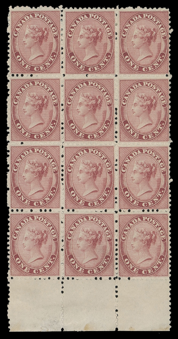 HALF PENNY AND ONE CENT 14b,The phenomenal mint lower margin block of twelve, superbly centered and as fresh as the day it was printed over 160 years ago, THE LARGEST KNOWN ONE CENT MINT MULTIPLE, printed in a noticeably deep shade on fresh paper. Exceptionally clean full original gum; eight stamps are NEVER HINGED - two in the second row and the lower block of six. One of the highlights of the Cents issue, which has graced the Brigham Collection for over 25 years. In an excellent state of preservation and very rare thus, XF OG / NH (Unitrade cat. $37,800 as singles)
Provenance: General Robert Gill, Robson Lowe Ltd., October 1965; Lot 79 - originally a block of 20 from which it originates.
E. Carey Fox, Second Portion, H.R. Harmer, Inc., October 1968; Lot 81 (as a block of 20)
BNA Sale, Firby Auctions, May 1996; Lot 179 - the highlight item of this sale, pictured alone on the front cover of the catalogue.
Literature: Illustrated in Capex