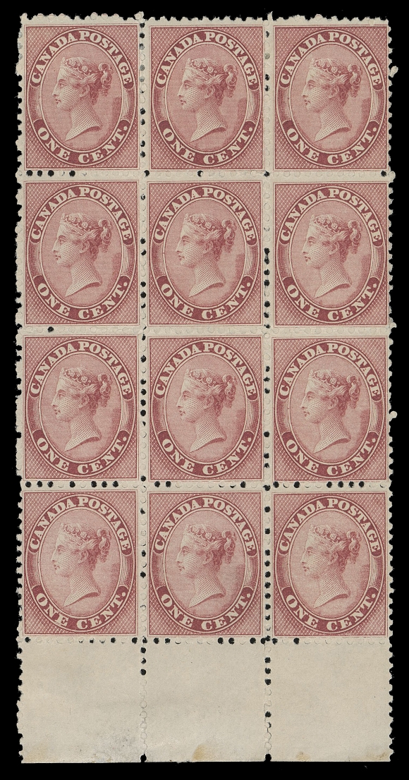 HALF PENNY AND ONE CENT  14b,The phenomenal mint lower margin block of twelve, superbly centered and as fresh as the day it was printed over 160 years ago, THE LARGEST KNOWN ONE CENT MINT MULTIPLE, printed in a noticeably deep shade on fresh paper. Exceptionally clean full original gum; eight stamps are NEVER HINGED - two in the second row and the lower block of six. One of the highlights of the Cents issue, which has graced the Brigham Collection for over 25 years. In an excellent state of preservation and very rare thus, XF OG / NH (Unitrade cat. $37,800 as singles)

Provenance: General Robert Gill, Robson Lowe Ltd., October 1965; Lot 79 - originally a block of 20 from which it originates.
E. Carey Fox, Second Portion, H.R. Harmer, Inc., October 1968; Lot 81 (as a block of 20)
BNA Sale, Firby Auctions, May 1996; Lot 179 - the highlight item of this sale, pictured alone on the front cover of the catalogue.

Literature: Illustrated in Capex 