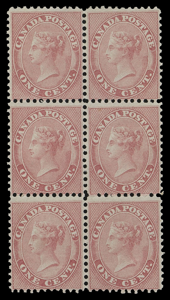 HALF PENNY AND ONE CENT  14,A beautiful mint block of six with exceptional colour and bright impression on fresh paper, full original gum somewhat lightly  disturbed, possibly of natural cause. A rare multiple, especially desirable with such overall freshness, F-VF OG (Unitrade cat. $7,500 as mint singles)Provenance: Dale-Lichtenstein, Sale 5 - British North America,  Part Two, H.R. Harmer Ltd., May 1969; Lot 563 - described then as four stamps NH.Sam Nickle, Christie