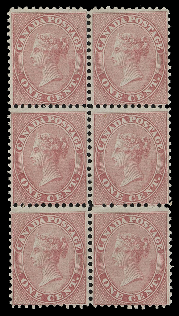 HALF PENNY AND ONE CENT 14,A beautiful mint block of six with exceptional colour and bright impression on fresh paper, full original gum somewhat lightly disturbed, possibly of natural cause. A rare multiple, especially desirable with such overall freshness, F-VF OG (Unitrade cat. $7,500 as mint singles)
Provenance: Dale-Lichtenstein, Sale 5 - British North America, Part Two, H.R. Harmer Ltd., May 1969; Lot 563 - described then as four stamps NH.
Sam Nickle, Christie