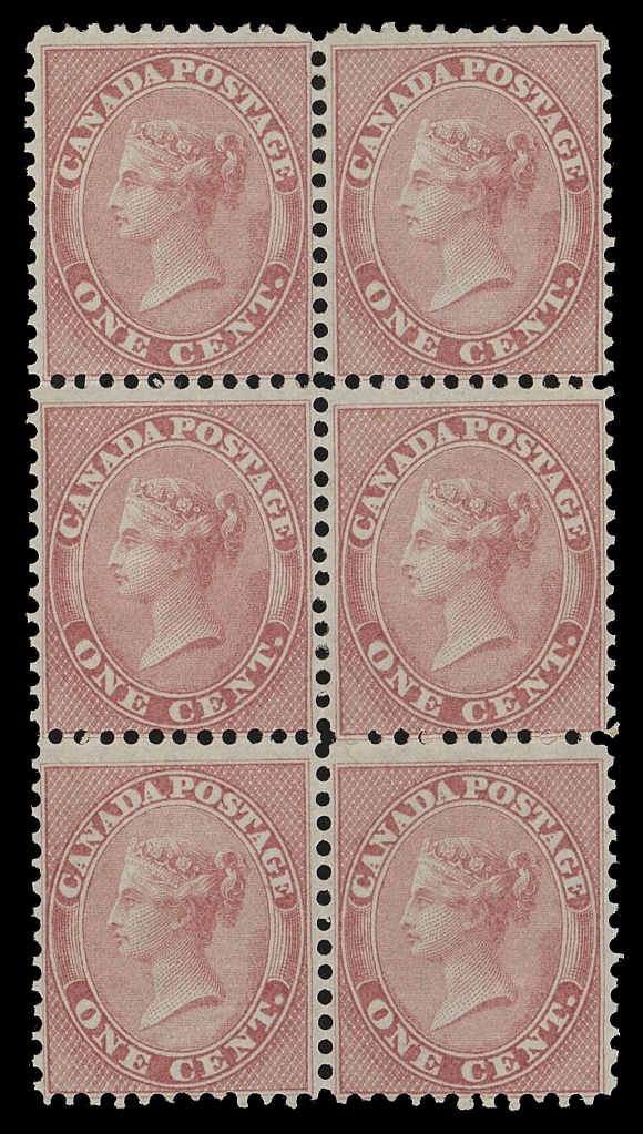 HALF PENNY AND ONE CENT  14,A beautiful mint block of six with exceptional colour and bright impression on fresh paper, full original gum somewhat lightly  disturbed, possibly of natural cause. A rare multiple, especially desirable with such overall freshness, F-VF OG (Unitrade cat. $7,500 as mint singles)

Provenance: Dale-Lichtenstein, Sale 5 - British North America,  Part Two, H.R. Harmer Ltd., May 1969; Lot 563 - described then as four stamps NH.
Sam Nickle, Christie