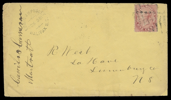 HALF PENNY AND ONE CENT  1866 (December) An extremely rare usage of a Canadian stamp from Nova Scotia prior to Canadian Confederation; yellow  cover posted at Halifax to La Have, Lunenburg County and bearing  a 1c rose, perf 12 tied by odd grid cancel, "Edwin J.H. Pauley,  Halifax, N.S. Box 381" owner