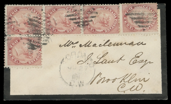 HALF PENNY AND ONE CENT  1864 (June 27) Small mourning envelope in an excellent state of preservation, franked with an irregular block of four and single 1c rose, perf 12x11¾, tied by diamond grid cancels, Toronto split ring dispatch, to Brooklin, C.W. with next day receiver backstamp. An appealing domestic 5 cent rate cover paid solely with one cent stamps, VF (Unitrade 14viii)Provenance: John Siverts Part I, Maresch Sale 225, May 1989; Lot 550