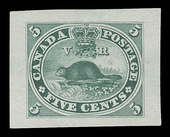 THREE PENCE AND FIVE CENTS  15,A very rare "Goodall" die proof, engraved, printed in bluish  green on india paper 29 x 22mm; very few exist in this  eye-arresting colour, most striking, VF (Minuse & Pratt 15TC2g)Provenance: Fred Jarrett "Canada 1859-1864", Sissons Sale 169,  December 1959; Lot 42Around 1879, Arthur Goodall, then president of the American Bank  Note Company, gave instructions to employ the original dies from  their archives to produce special die proofs; these were to be  distributed to business friends and allies. From each original  die, in this case the 5 cent Beaver, 3 to 5 examples were  produced in five distinctive colours, with slight shades known  amongst some dies. The colours printed were black, brownish red, brown, greenish blue and bluish green, on a distinctively small  piece of india paper, die sunk on slightly larger cards. Over the last 140+ years, some have been separated from their archival  card (as the one offered here).