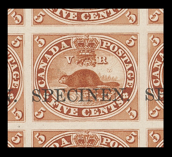 THREE PENCE AND FIVE CENTS  15TCiv, v,An extraordinary trial colour plate proof block of 25, printed in brown red on card mounted india paper, small inconsequential flaw at lower right edge; the First State of the plate (known as State 1), Pos. 56-60 / 96-100, with horizontal SPECIMEN overprint in black, centre proof (Position 78) shows the UNIQUE SPECINEN misspelling error. As far as we know, this is the only known case of a misspelt SPECIMEN in all plate proofs of Canada. A very significant and important piece related to Essays & Proofs of British North America philately, VFProvenance: Arthur Groten, Maresch Sale 132, September 1981; Lot 138 - originally offered as a sheet from which this UNIQUE error was taken.The "Lindemann" Collection (private treaty, circa. 1997)Literature: Illustrated and discussed in article titled: SPECIMEN (SPECINEN) Overprint Error on the 1859 Plate Proof Five Cent Beaver, by Norman Boyd, BNA Topics, Volume 50, No. 3, Whole No. 455 - May-June 1993, on pages 26-27.