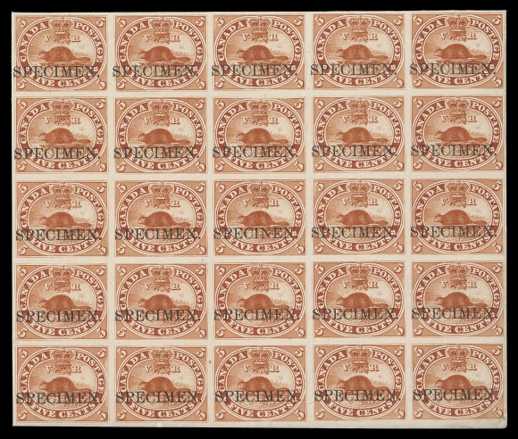 THREE PENCE AND FIVE CENTS  15TCiv, v,An extraordinary trial colour plate proof block of 25, printed in brown red on card mounted india paper, small inconsequential flaw at lower right edge; the First State of the plate (known as State 1), Pos. 56-60 / 96-100, with horizontal SPECIMEN overprint in black, centre proof (Position 78) shows the UNIQUE SPECINEN misspelling error. As far as we know, this is the only known case of a misspelt SPECIMEN in all plate proofs of Canada. A very significant and important piece related to Essays & Proofs of British North America philately, VFProvenance: Arthur Groten, Maresch Sale 132, September 1981; Lot 138 - originally offered as a sheet from which this UNIQUE error was taken.The "Lindemann" Collection (private treaty, circa. 1997)Literature: Illustrated and discussed in article titled: SPECIMEN (SPECINEN) Overprint Error on the 1859 Plate Proof Five Cent Beaver, by Norman Boyd, BNA Topics, Volume 50, No. 3, Whole No. 455 - May-June 1993, on pages 26-27.
