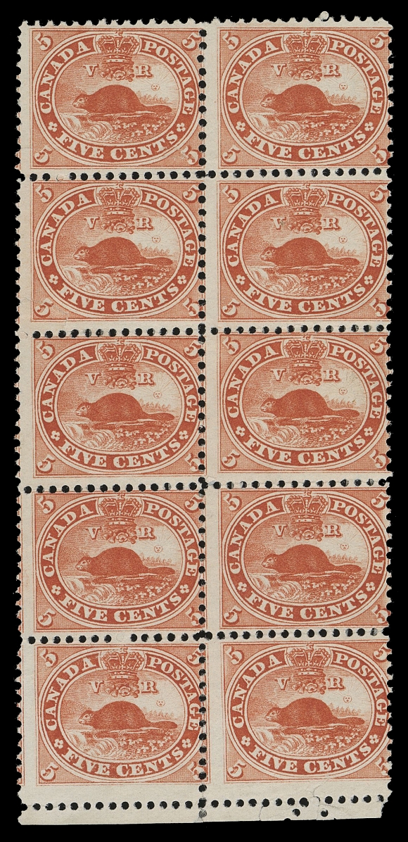 THREE PENCE AND FIVE CENTS  15,A fresh unused block of ten, an extremely rare large multiple, portion of selvedge at foot with hint of pre-perforation paper fold visible in the margin, small faults on two stamps, centered right. The largest known unused block of the Five cent - a showpiece, FineProvenance: Fred Jarrett "Canada 1859-1864", Sissons Sale 169, December 1959; Lot 52Norman Brassler, Maresch Sale 244, October 1990; Lot 130Searching for comparable multiples of the 5 cent Beaver we were able to find: (1) a nicely centered mint NH block of nine, from Vincent Graves Greene Collection (February 1975; Lot 215), Arthur Groten (September 1981; Lot 147), Art Leggett Cents Issue Exhibit collection (private sale), "Lindemann" Collection (private treaty, circa. 1997), Ron Brigham Province of Canada, Part I (March 2023; Lot 33) (2) a nicely centered mint OG block of nine with bends, from Dale-Lichtenstein (Sale 2 - BNA Part One, November 1968; Lot 323), "Carrington" (June 2002; Lot 3307). (3) an off-centre mint block of nine with margin at foot ex. Dale-Lichtenstein (Sale 10 - Canada, December 1970; Lot 355), Arthur Groten (September 1981; Lot 148), Sam  Nickle (March 1993; Lot 243), "Lindemann" collection (private treaty circa. 1997), and Ron Brigham Collection.