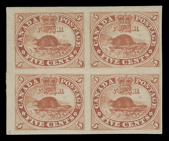 THREE PENCE AND FIVE CENTS  15a,The outstanding Dale-Lichtenstein Mint Imperforate Block, tiny  portion of plate imprint at lower left (Pos. 1-2 / 11-12), small  area of gum loss from hinge removal at top but possessing LARGE  PART ORIGINAL GUM and VERY RARE THUS. Characteristic bright  colour associated with this imperforate on medium wove paper; in  choice condition, very rarely seen even without gum. One of only  three blocks known to exist. Among the greatest rarities of  Canada Cents Issues and of which only a few important collections of the past were able to secure an imperforate Five cent  multiple, VF OGUnitrade value is $137,500 (as two pairs) if the 150% premium for Original Gum is factored in.Expertization: clear 1987 Greene Foundation certificateProvenance: Dale-Lichtenstein, Sale 2 - British North America,  Part One, H.R. Harmer, Inc., November 1968; Lot 327 - Realized  US$5,500 against a then cat. $2,000.Capex 1987 auction, Maresch Sale 206, June 1987; Lot 98 - sold for $16,500 hammer, the second highest realization amongst the 356-lot auction, only surpassed by a used 12 pence.Literature: Illustrated in Capex 