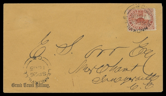 THREE PENCE AND FIVE CENTS  1865 (September 26) Brownish red Grand Trunk Railway envelope bearing a 5c bright vermilion, perf 12 unusually tied by datestamp - Lennoxville double arc dispatch, second strike at left, same-day Sawyerville SP 26 split ring receiver backstamp, VF (Unitrade 15)